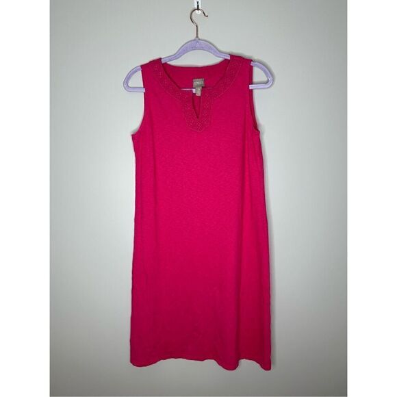 Chico’s Linen Blend Pink Embroidered Collar Dress Size 0 (4) - Picture 1 of 7